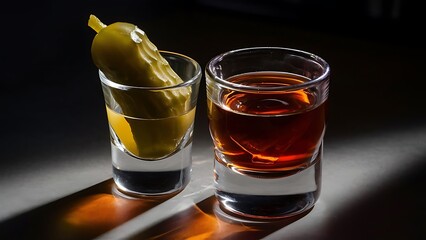 Pickleback alcoholic cocktail made from cucumber pickle and whiskey in small shot glasses hard light and shadows
