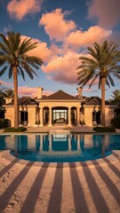 Obraz premium A breathtaking modern luxury villa boasts a stunning pool terrace, where vibrant sunset hues reflect off the water, creating an inviting atmosphere for relaxation and enjoyment.