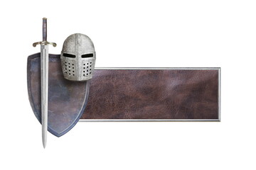 leather texture frame with knights helmet sword and shield
