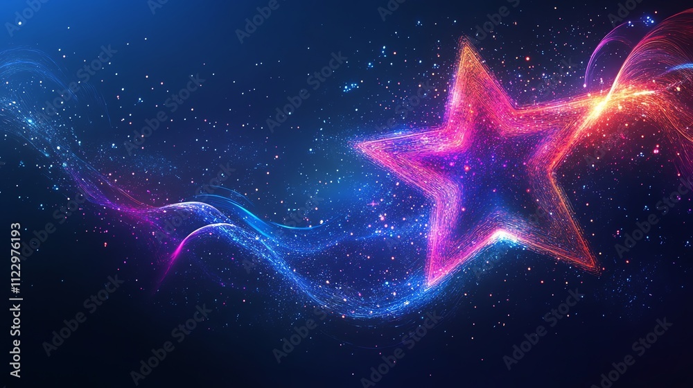 Poster a vibrant star surrounded by colorful cosmic elements and sparkling effects.