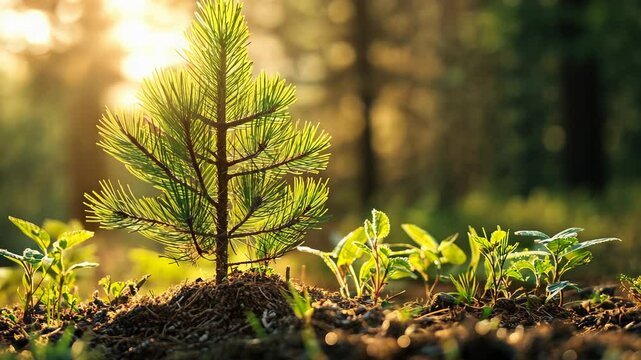 Young pine tree in forest with morning