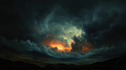 Obraz premium Dramatic Stormy Sky with Fiery Clouds Over a Dark Landscape