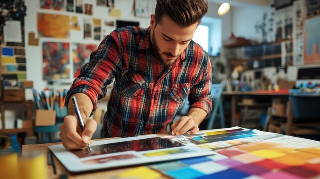 Focused graphic designer working on a digital tablet in a creative studio.
