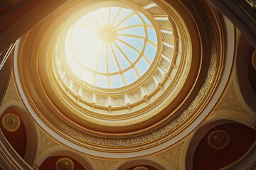 Obraz premium An intricately designed Islamic dome ceiling with vibrant geometric patterns and golden accents