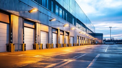 Rows of loading docks on a modern distribution warehouse building at twilight