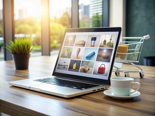 Fototapeta premium Laptop with Shopping Interface Displaying Online Store Features and Product Selection in a Modern Workspace Setting, Perfect for E-commerce and Digital Marketing Concepts