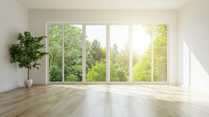 Obraz premium Bright and Airy Modern Living Room with Large Windows and Greenery
