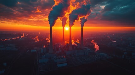 Obraz premium Industrial plant emitting smoke into the air at sunset