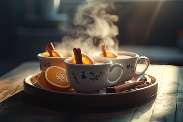 A tray of steaming mugs of cider garnished with cinnamon sticks and slices of orange set on a wooden table