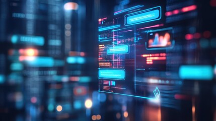 Fototapeta premium Futuristic digital interface with glowing buttons and data displayed on a screen.