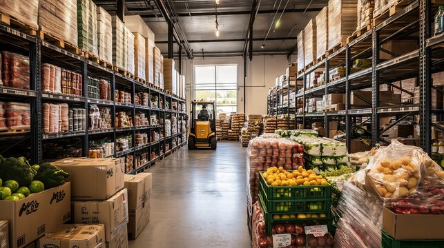 Forklift parked in warehouse full of food and goods on shelves