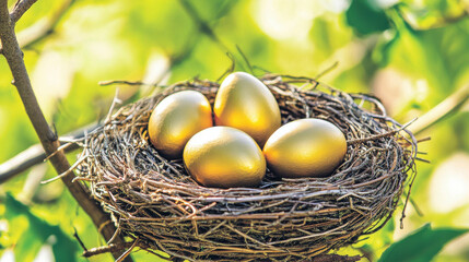 Obraz premium Golden Eggs in Nest on Tree Branch Surrounded by Green Foliage