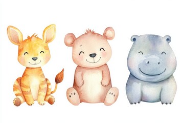 Fototapeta premium watercolor art of baby safari animals like baby kangaroo, baby lion, baby hippo. 