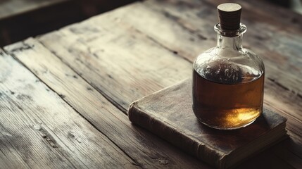 Glass bottle with cork on an old book.