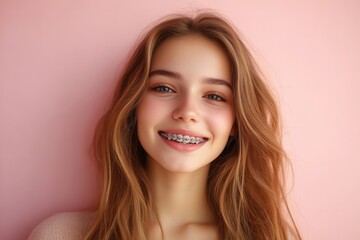 Naklejka premium Young girl with metal braces on color background. Portrait of teenager with braces on pink background. Teeth correction and dentistry concept. Generated AI