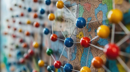 A colorful network of pins and strings connecting points on a world map pinned to a corkboard.