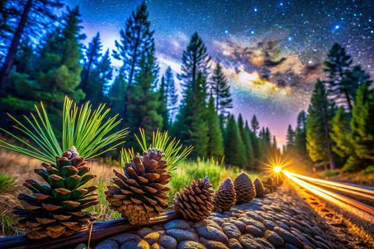 Long Exposure of Chilgoza Pine Cones Under a Starry Sky with Ethereal Light Trails and Soft Forest Background, Capturing the Beauty of Nature and Night Photography