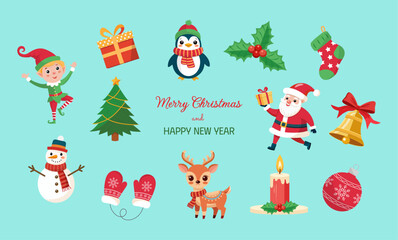 Naklejka premium A set of Christmas illustrations. Suitable for winter and New Year themes.