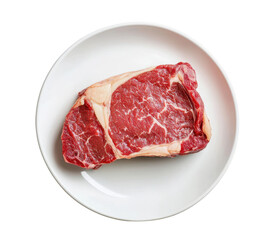 Raw steak on white plate, top view isolated on transparent background