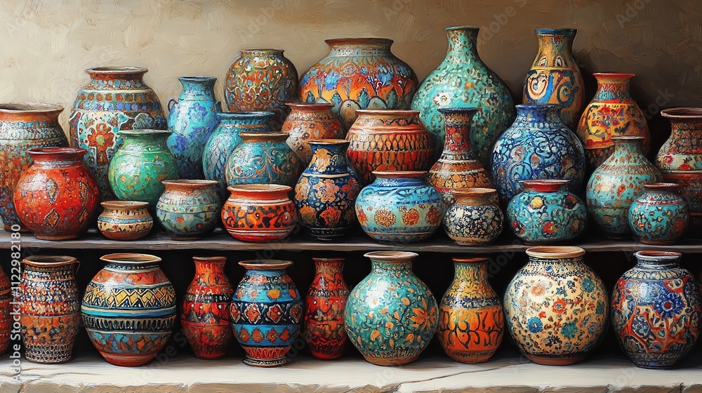 Poster a collection of intricately designed pottery displayed on a shelf.