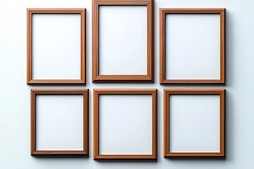 A collection of six empty wooden photo frames arranged in a grid pattern on a light background, ready to showcase cherished memories. trending mockup design
