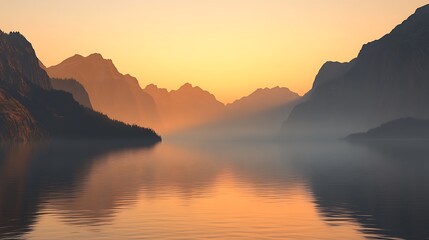A serene lake surrounded by mountains at sunrise