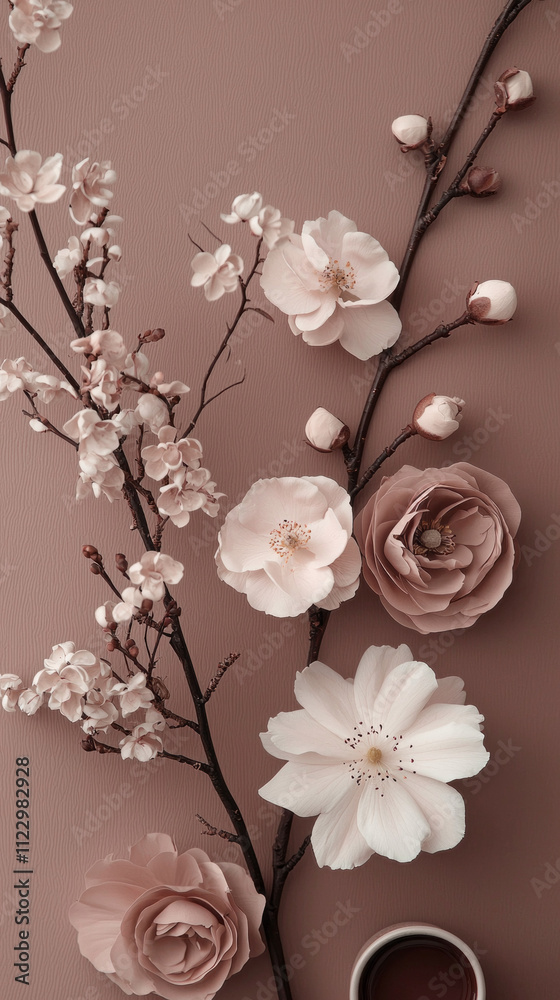 Poster delicate blossoms and branches create an enchanting visual, highlighting warm mocha mousse tones aga