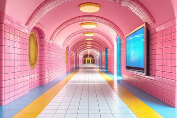 A vibrant, pink-tiled corridor with arches and bright lighting, suggesting a playful atmosphere.