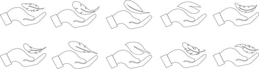 Obraz premium Feather in hand icons set. Lightweight signs. Sensitive vectors with soft feather line symbols. Concept of light weight clothing fabric, light beauty product badge isolated on transparent background.