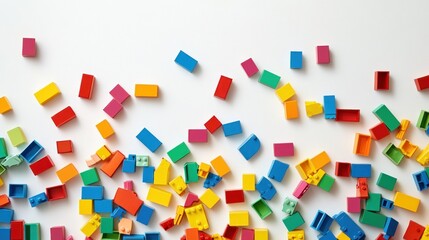 A colorful assortment of building blocks scattered on a white surface.