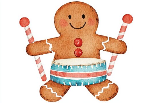 recommend clip art: Cute Gingerbread Man Drummer Watercolor Clipart Christmas Holiday Festive