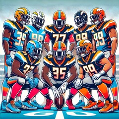 Obraz premium A group of NFL players in a pre-game huddle, wearing vibrant team uniforms with their logo visible.