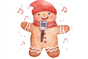 Naklejka premium Cute Gingerbread Man Singing Christmas Carol Watercolor Clipart