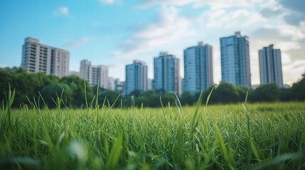 Obraz premium Tall Buildings Behind Green Grass Field Under Blue Sky