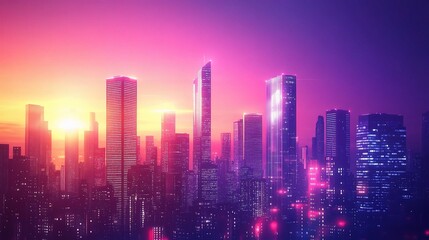 Fototapeta premium Modern Sleek City Skyline at Sunset with Glowing Lights