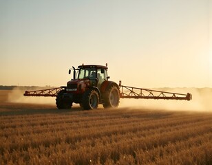 Fototapeta premium Serbia, Vojvodina Province, Tractor spraying herbicide in springtime wheat field