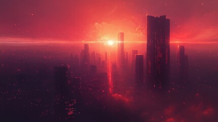 A Futuristic Cityscape Under a Red Sunset