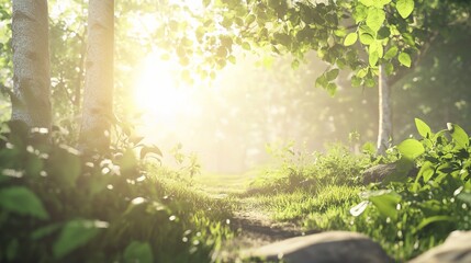 Fototapeta premium Bright and Clear Day in Forest with Soft Sunlight Filtering Through
