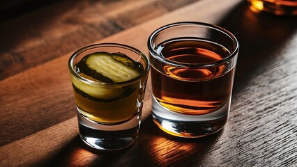 Pickleback alcoholic cocktail made from cucumber pickle and whiskey in small shot glasses hard light and shadows