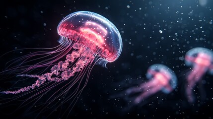 An energetic scene of vibrant jellyfish pulsating through the water, their translucent bodies colored in bright blues and purples