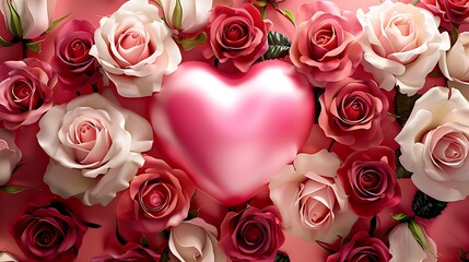 Heart in a Floral Arrangement of Pink and Red Roses for Love Themes