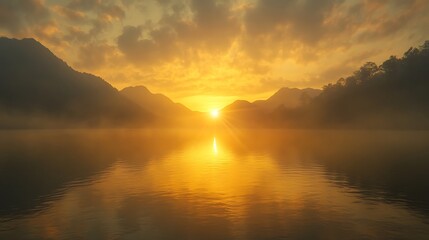 Fototapeta premium A serene lake surrounded by mountains at sunrise