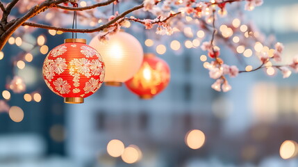 Fototapeta premium Red and gold lanterns, intricately designed with floral patterns, hanging in a festive outdoor setting