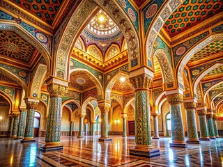 Magnificent Palace Interior with Intricate Geometric Patterns and Gold-Accented Columns Supporting a Vaulted Ceiling in an Opulent Mosque Setting