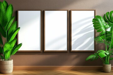 Three empty picture frames on a warm brown wall, surrounded by lush green plants, creating a serene and inviting atmosphere. trending mockup design