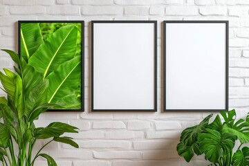 A vibrant green leaf artwork displayed in a sleek black frame on a textured white wall, accompanied by two empty frames and lush plants. trending mockup design