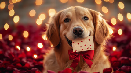 golden retriever, romantic valentines day moment, holding heart card, red bow, rose petals, glowing fairy lights, love, joy, warmth