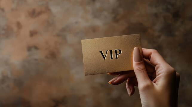 Elegant hand holding a vip card against a textured brown background