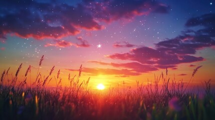 Fototapeta premium A vibrant sunset over a field of tall grass.
