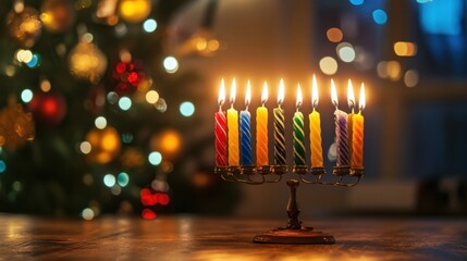 Lighting the menorah hanukkah celebration home indoor festive culture